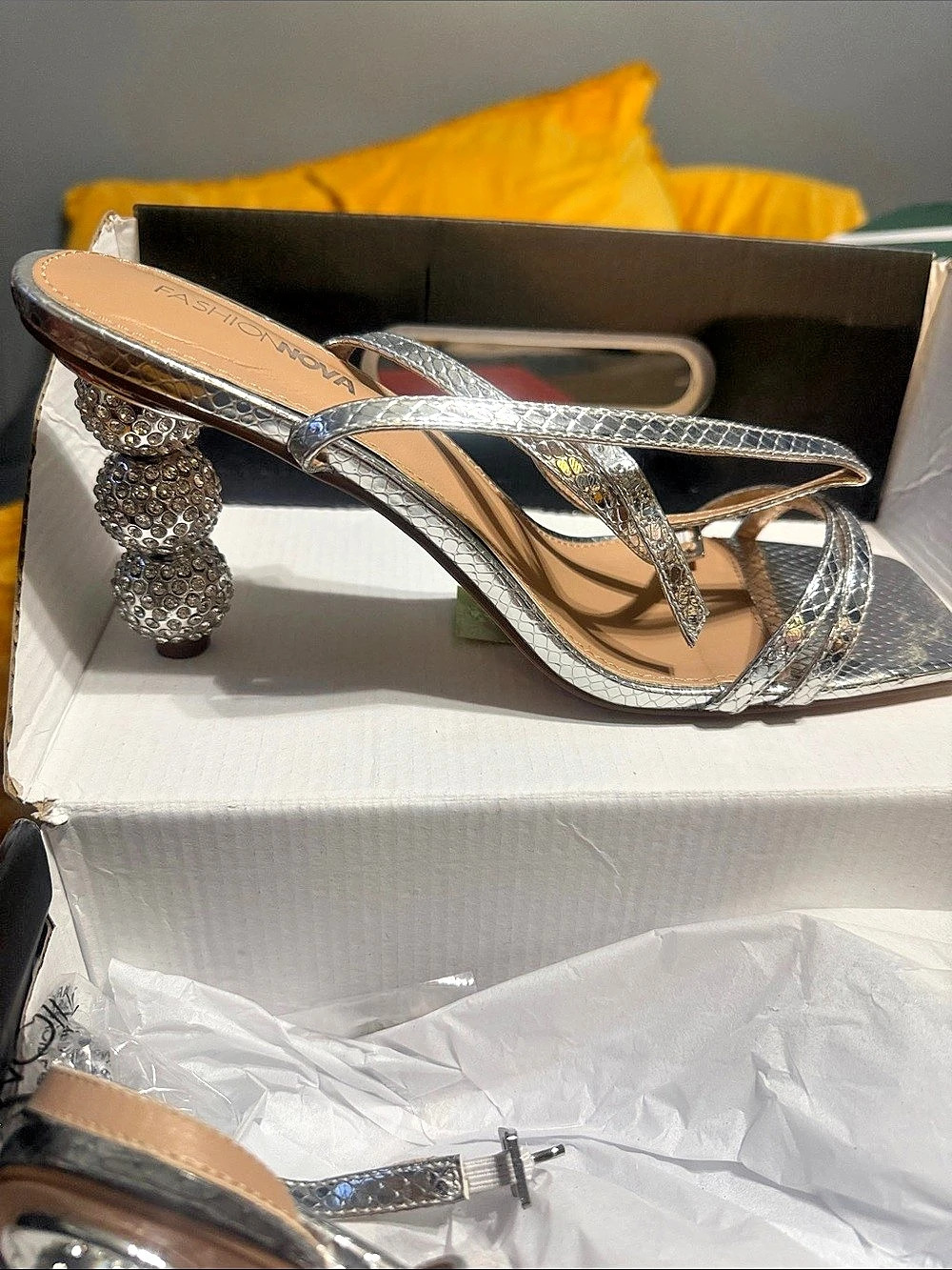 Fashion Nova Rhinestone Strappy Heels in Silver